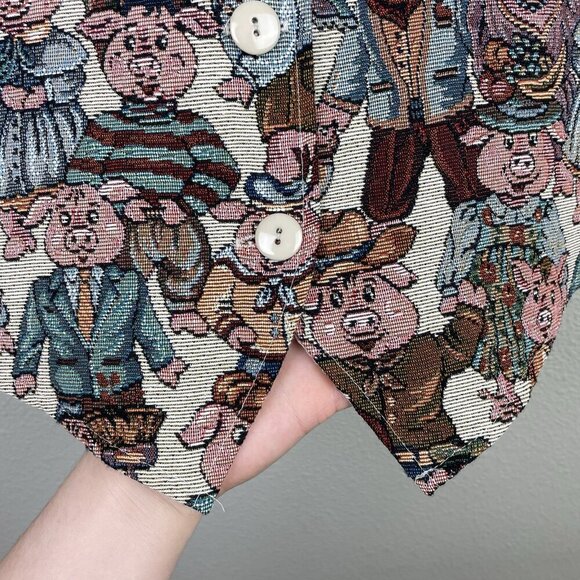 Vtg Facets By Mirrors Men's Medium Pig Print Tapestry Vest Quirky Piggy Button - Picture 8 of 16